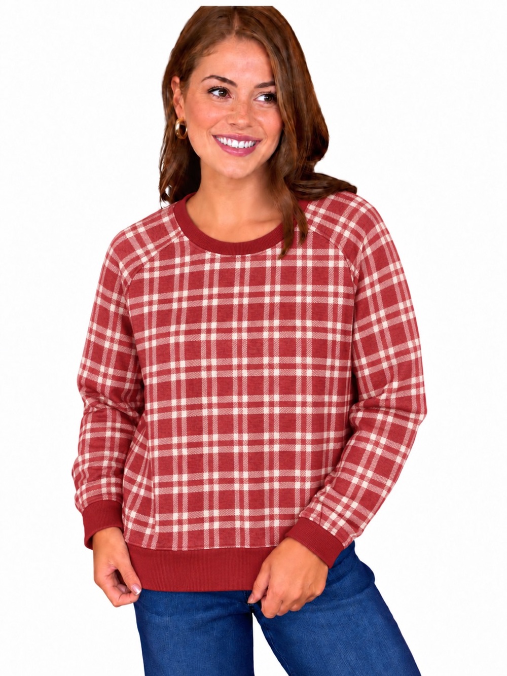 New Umgee Washed Red White Plaid Relaxed Fit Farmhouse Style Pullover Sweatshirt